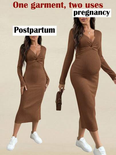 SHEIN Vestido de maternidad de unicolor con cuello en V, manga larga, nudo retorcido y abertura, ajustado al Body