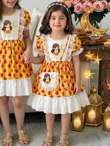Baby Girl Yellow Summer Cute Family Matching Middle Eastern Traditional Short Puff Sleeve Lace Trim Princess Party Midi Dress With Sling Bag Abaya - Multicolor - View 2