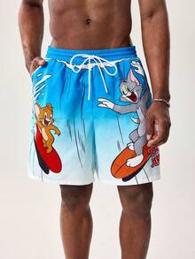 TOM & JERRY X SHEIN Men's Summer Gradient Cartoon Pattern Drawstring Waist Beach Shorts - Blue - View 1