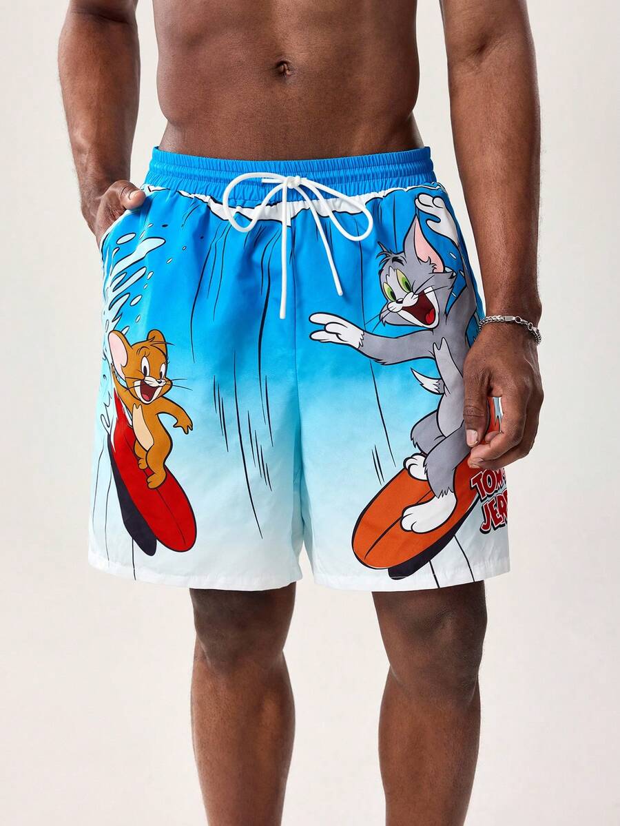 TOM & JERRY X SHEIN Men's Summer Gradient Cartoon Pattern Drawstring Waist Beach Shorts - Blue - View 1