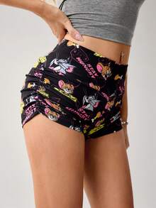 TOM & JERRY X SHEIN 女士休闲可爱卡通奶酪印花褶皱短裤，夏季 - 黑色 - 查看 4