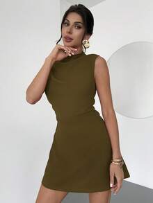 Firerie 女士优雅简约精致浪漫甜美日常通勤婚礼派对音乐节度假褶皱A字迷你连衣裙，红色吊带 - 軍綠色 - 查看 3