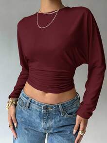 Aloruh Women's Elegant Solid Color Cinched Waist Batwing Sleeve T-Shirt, Autumn/Winter Long Sleeve Cropped Top - Burgundy - View 9