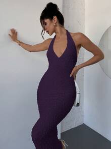 Firerie Đầm maxi ôm sát không tay cổ chữ V thanh lịch, lãng mạn, chất liệu vải dệt họa tiết, thích hợp cho những buổi hẹn hò, mùa xuân/hè. - Màu tím - Xem 4