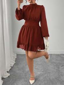 Elenzga 大码女士优雅派对藏蓝色立领荷叶边装饰长袖修身中长连衣裙 - 橘色 - 查看 6