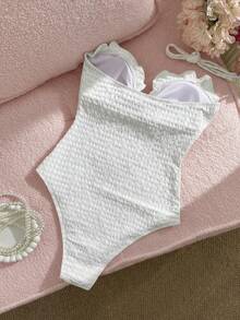 Swim Mod 女士时尚可爱沙滩装，特殊面料格子荷叶边吊带连体连衣裙，适合度假、派对、游艇、春夏穿着 - 白色 - 查看 2