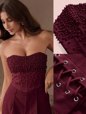 Anewsta Savoree Zarif Boncuklu Dekor Askısız Dar Bandaj Üst, Şık ve Zarif, Yeni Yıl, Noel, Dışarı Çıkma ve Kış İçin Uygun