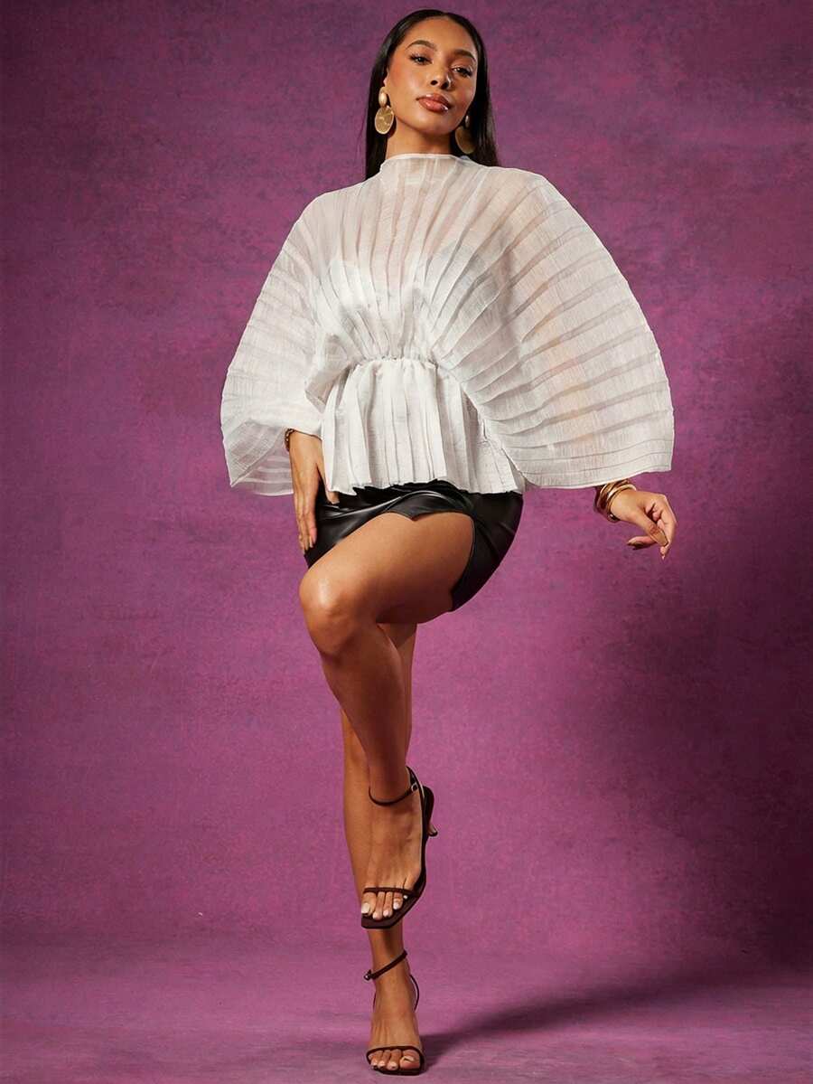 Vixey Sheer Mock Neck Long Sleeve Peplum Hem Pleated Textured Organza Top - White - View 1