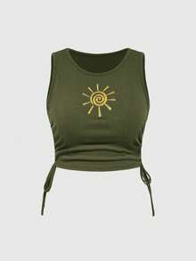 ROMWE Hippie 大码嬉皮复古音乐节刺绣向日葵背心和不对称荷叶边半裙两件套 - 軍綠色 - 查看 9