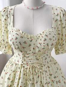 Flirla Đầm midi cỡ lớn dành cho nữ, cổ tim, tay phồng, họa tiết hoa, thắt eo. - Màu be - Xem 4