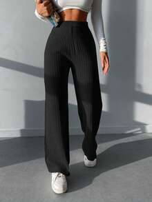 RueChic Solid Rib Knit Wide Leg Trousers - Black - View 3