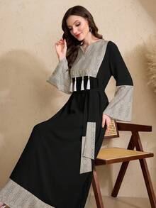 Al Najma Women's Elegant Arabic Style Splice Fringe Sleeve Long Dress, Arabian Dresses - Black - View 4