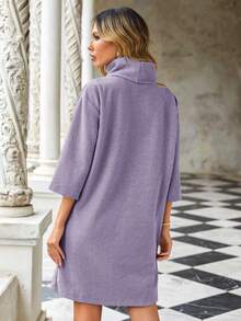EURMUSE Women's Solid Color High Neck Drop Shoulder Sweater Dress - Lilac Purple - View 2