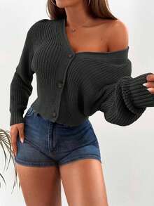 EURMUSE Cardigan casual a maniche lunghe con scollo a V e bottoni, tinta unita, adatto per autunno/inverno - Grigio Scuro - Visualizzare 4