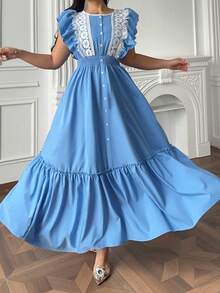 Vibekara Nuevo Vestido de Primavera/Verano con Estilo Francés Elegante, Encaje Patchwork, Cintura Ceñida y Mangas Largas Acampanadas - Azul - Ver 3