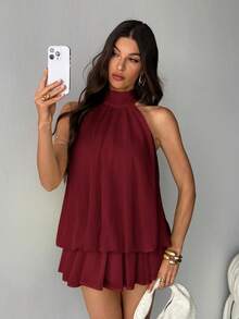 SHEIN Tall 女士优雅浅黄色吊带系带迷你连衣裙，适合派对、约会、秋冬季、春夏季穿着 - 酒紅色 - 查看 7