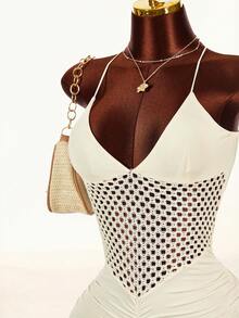 Amplova 女士时尚性感露背流苏下摆中长连衣裙 - 杏色 - 查看 6