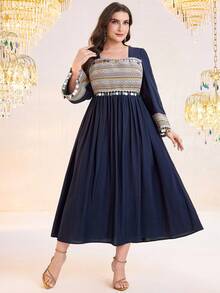 Al Najma New Contrast Color Patchwork Embroidered Waist Cinching Vacation Beach Dress Kaftan Jalabiya Dress - Navy Blue - View 4