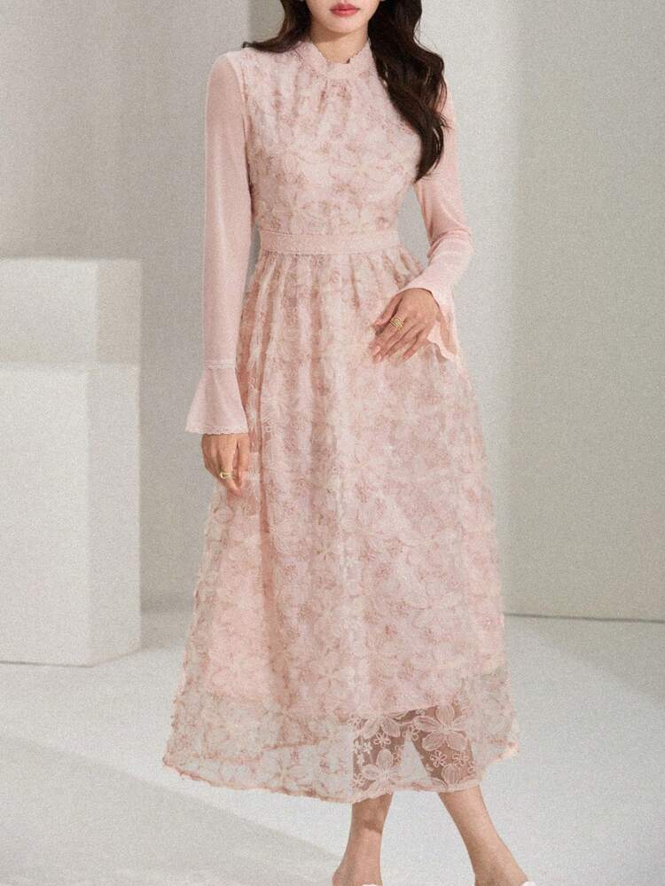 Women's Floral Print Dress With Stand Collar And Long Sleeves Sundress