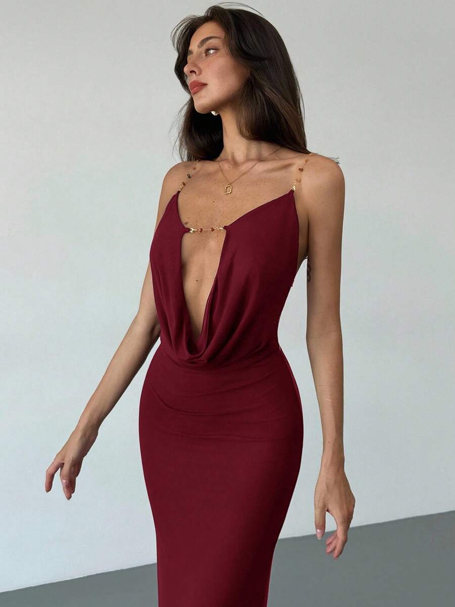 Aloruh Đầm Maxi Ôm Body Cổ Sâu Hở Lưng Màu Tím Mận Lưới Gợi Cảm Cho Tiệc Tùng, Lễ Hội Âm Nhạc - Đỏ - Xem 1