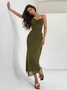 Aloruh 浪漫不对称深V领露背系带中长网纱连衣裙，粉紫色 - 軍綠色 - 查看 7