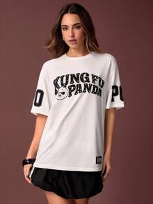 Kung Fu Panda X SHEIN Damtröja med rund hals och kort ärm, bokstäver och tecknad grafik - Vitt - Visa 5