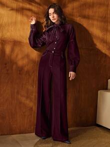 Anewsta 优雅立领长袖系带蝴蝶结衬衫，复古蓝色女式衬衫上衣，适合通勤、秋季、冬季、新年、优雅、别致、时尚、圣诞节、外出等场合 - 酒紅色 - 查看 7