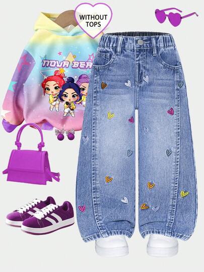 Jeans de pierna ancha de mezclilla desgastada y desteñida con panel frontal personalizado y lazo 3D, pantalones casuales versátiles, azul, estilo niñas de los 90s, K-pop de los 90s
