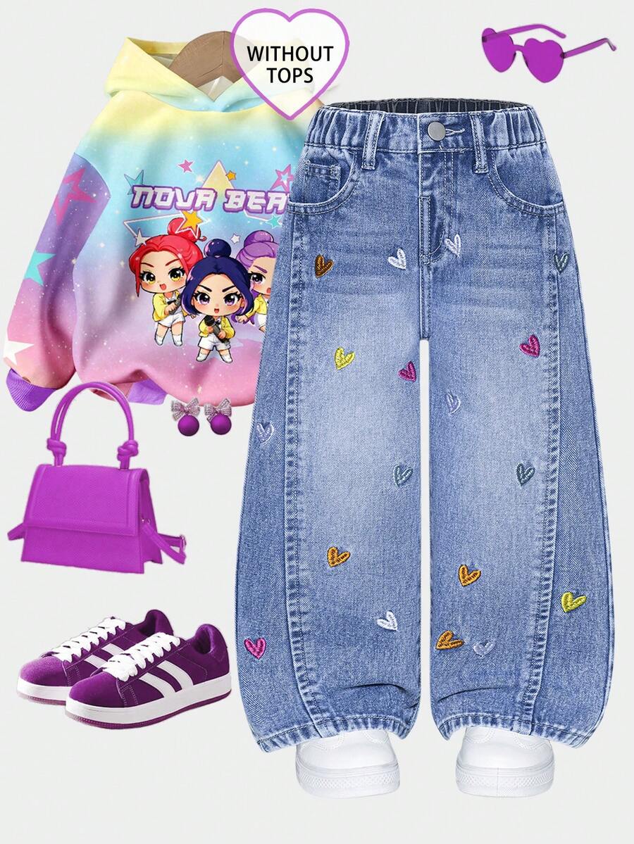 Jeans de pierna ancha de mezclilla desgastada y desteñida con panel frontal personalizado y lazo 3D, pantalones casuales versátiles, azul, estilo niñas de los 90s, K-pop de los 90s - Azul - Ver 1