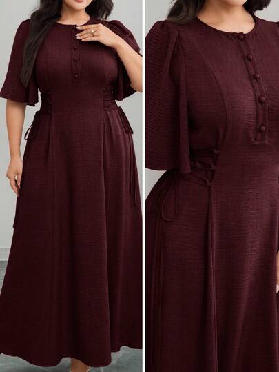 Modelyn Plus Size Women Solid Color Button Half Placket Ruffle Sleeve Waist Tie Elegant Dress
