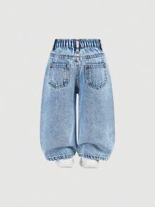 SHEIN 女婴新款浅蓝色可爱动物纹牛仔裤，百搭休闲 - 淺色水洗藍 - 查看 2