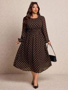 Elaquor 大码女式波点印花圆领灯笼袖休闲连衣裙 - 咖啡棕 - 查看 4