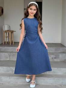 Firerie Kids Tween Girl Spring/Summer New Blue Ruched Fitted Elegant Round Neck Sleeveless Side Ruched Midi Dress, Traditional Arabic Clothing, Robe, Jalabiya, Abaya - Blue - View 7