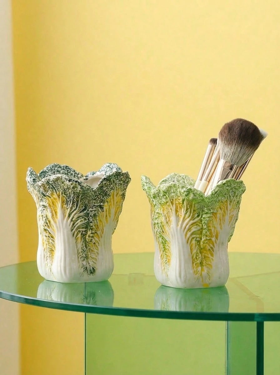 Joivida 1个瓷质卷心菜笔筒多功能化妆刷收纳架财富象征家居办公桌装饰圣诞节礼物创意田园风必备单品 - 彩色 - 查看 1