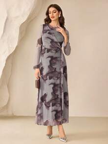 Modelyn 女士扎染印花网纱长袖连衣裙，腰部系带，褶裥下摆，优雅大气，适合秋冬季穿着 - 彩色 - 查看 4