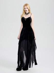 Breakform 女士哥特复古天鹅绒拼接不对称高低腰弹力长裙，适合外出、派对和节日活动 - 黑色 - 查看 5