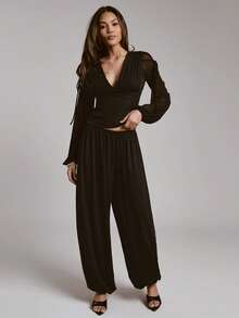 Hauture Women's Simple Sexy Low Front With Balloon Sleeves Semi Sheer Mesh Side Tie Long Sleeves Blouse - Black - View 2