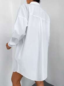 EURMUSE Cotton Solid Drop Shoulder Pocket Patched Shirt - White - View 2