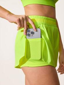 SHEIN Sovereign Charm Quần short thể thao dáng ôm, đa năng, màu vàng neon, phối lưới, có túi. - Màu vàng - Xem 4