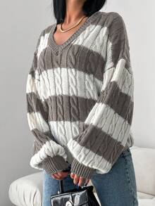 EURMUSE Women's Striped Color-block Drop-shoulder Sweater - Brown - View 5
