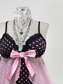 Sunspun Áo camisole ren chấm bi phối ren cỡ lớn có nơ - Cà phê nâu - Xem 5