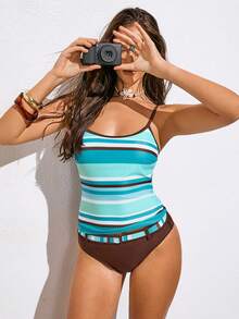 Avantive 2026 度假休闲沙滩复古条纹多色印花吊带背心和印花腰部泳衣套装 - 彩色 - 查看 6