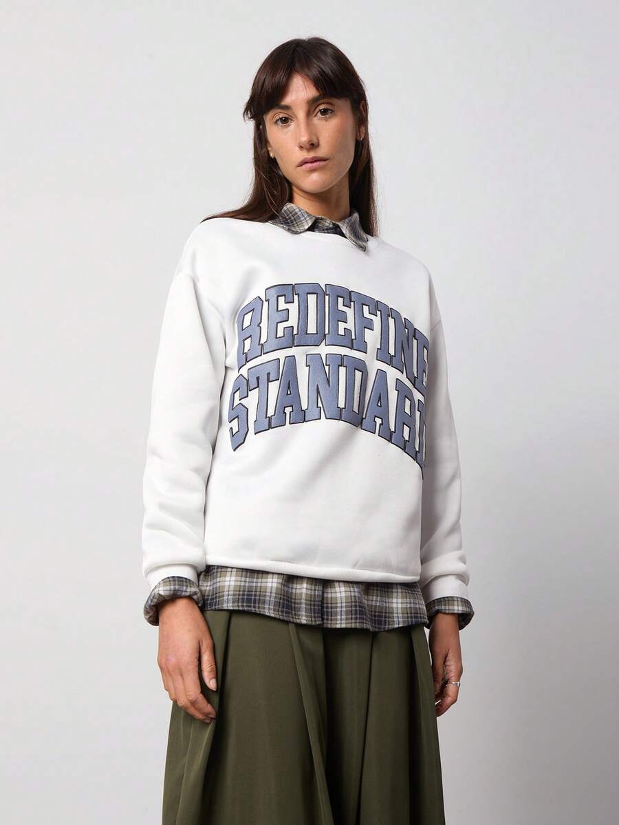 SURIMA 休闲简约印花圆领长袖加厚宽松女式卫衣 - 白色 - 查看 1