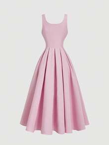 SHEIN MOD 女士优雅简约纯色翻领纽扣前襟喇叭下摆无袖中长连衣裙 - 粉色 - 查看 2