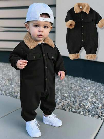 SHEIN 男婴保暖连体衣，加厚保暖高领长袖连体裤套装，舒适百搭休闲可爱简约基础款，适合秋冬季室内、室外、日常穿着、运动、玩耍、派对、万圣节等场合。