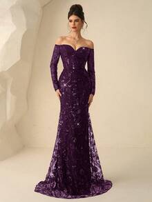 Coutiva Elegante abito con scollo a V, spalle scoperte, maniche lunghe e gonna a sirena con paillettes, perfetto per matrimoni, red carpet, serate all'opera e cene di lusso, abiti da festa, abiti da invitati a matrimoni, abiti da cerimonia, abiti da sera - Viola scuro - Visualizzare 3