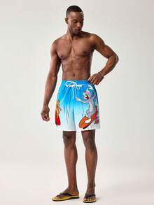 TOM & JERRY X SHEIN Men's Summer Gradient Cartoon Pattern Drawstring Waist Beach Shorts - Blue - View 4