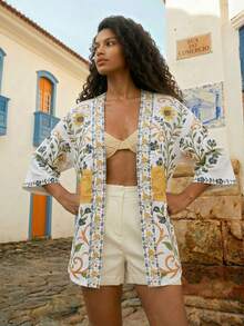 CAJUNI Floral Print Kimono, Casual Summer Vacation - Multicolor - View 1