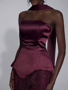 Elitara 优雅奢华的白色蝴蝶提花蕾丝拼布缎面露肩褶皱美人鱼连衣裙，带荷叶边，适合婚礼、新娘礼服、正式场合 - 紫紅色 - 查看 3