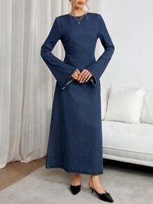 Siren Gaze 女士纯色休闲长袖牛仔连衣裙 - 深色水洗藍 - 查看 2